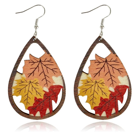 Autumn Leaf Teardrop Wooden Earrings - Picture 1 of 7